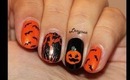Evil Pumpkin / Jack-O'-Lantern Halloween Nail Design with Bats and Crackle Polish
