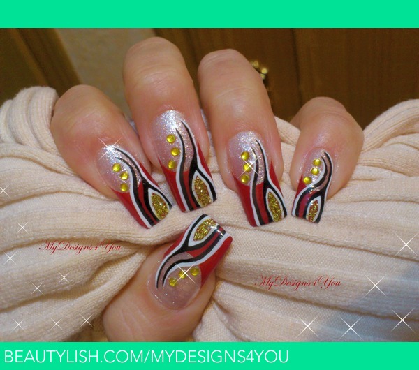 Abstract Red, gold, black and white nails | Liudmila Z.'s (MyDesigns4You)  Photo | Beautylish