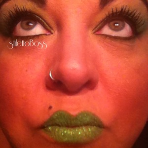 Green makeup requested by a friend. Green glitter lips! Kermit green pretty cool! 