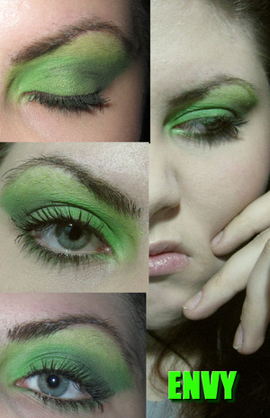 -lime green, light green duo-chrome yellow and a hint of black for a classic smokey make-up
-nude lips are the sign of failing in finding a reason for being "green with envy"