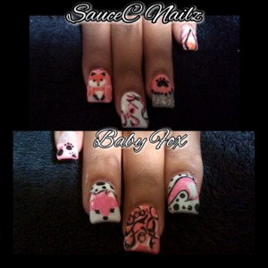 hot pink & white fox nails by SauceC Nailz