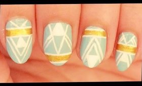 White Lines & Gold on Pastel Blue nail art