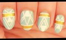 White Lines & Gold on Pastel Blue nail art