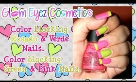 ❥Color Blocking Green & Pink Nail Tutorial-Tutoria De Uñas French En Rosado y Verde