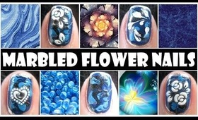 MARBLED FLOWER NAILS | ROMANTIC BLUE NAIL ART DESIGN TUTORIAL VALENTINE'S DAY EASY BEGINNER DIY