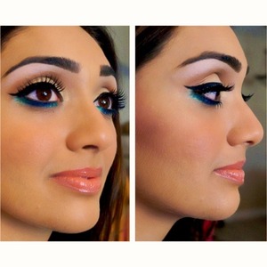 Neutral eyeshadow on lid with a pop of blue/aqua under the waterline 