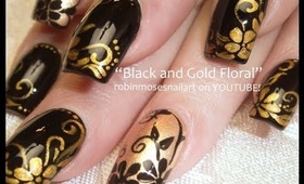 Beautiful Black & Gold Flower Nail Art - So Pretty!