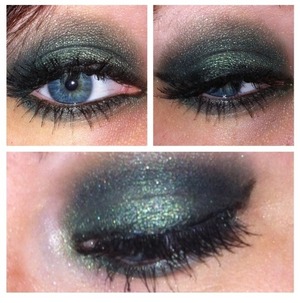 A mossy green look used in part with baked shadows from Hot Topic.