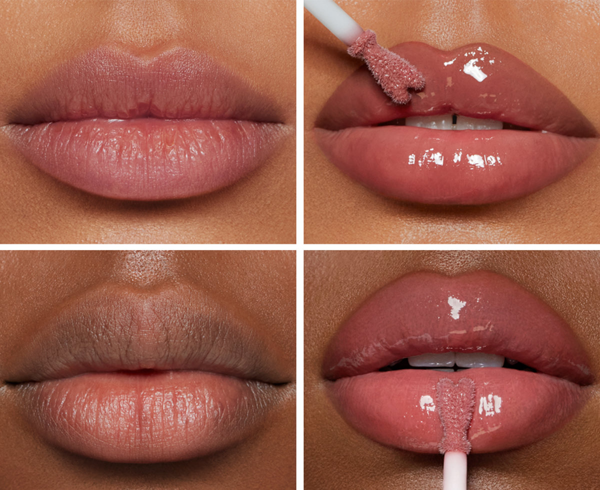 Charlotte Tilbury lip model before & after wearing Collagen Lip Bath in Pillow Talk Medium