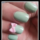 Neutral Blue Nails with Pink Bow