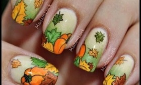 Autumn Leaves and Pumpkins nail art