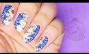 Blue Roses & Gold on Stripes nail art ✩ PinkFlyingCow