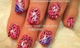 Hot Pink / Black Leopard Print Nail Art & Lavender Zebra