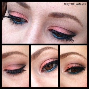 Peach and teal eyeshadow combo with brown outter V. 
