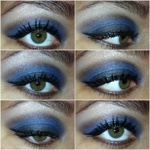 I created this intense blue smoky eye with shades of blue for the lid and a hint of purple. I defined the eye with a sparkly eyeliner. 