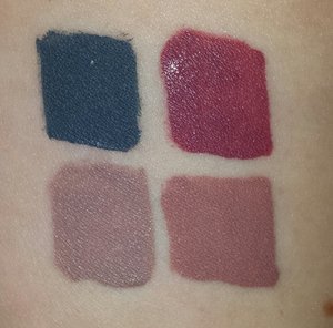 LaSplash liqued lipstick swatches. Top left is Vindictive, top right is Seductive, bottom left is Original Ghoulish and bottom right is Romance