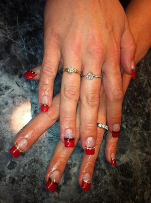 Acrylic Nails built with red french tips, clear & sparkle acrylic and Swarovski Crystal accents.
CND Acrylic used + sparkle.