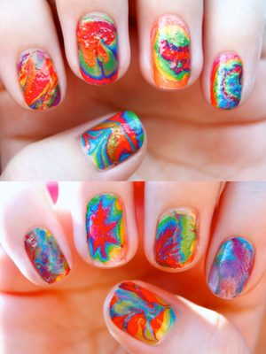 A very Summery tie dye marble nail design! Tell me what you think below (: