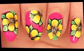 Yellow Flowers on Neon Pink nail art