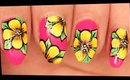 Yellow Flowers on Neon Pink nail art