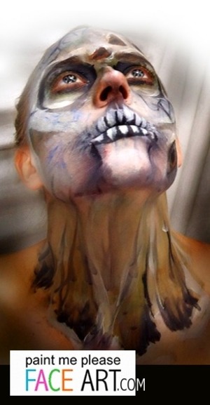 skeleton, zombie, undead, death, scary, creepy, face, paint, teeth, neck, green, black, brown, white, blue, brown, red