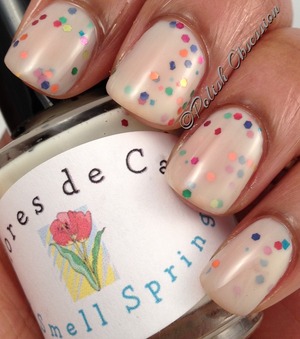 Yellowish/nude jelly base with multi colored glitter reminiscent of spring.