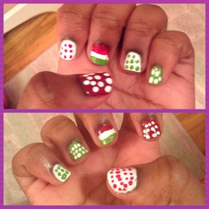 Red, white polka-dots & green, white polka-dots with stripes of all 3 colors :) 