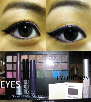 Purple and black liner! I thought this was a great bold autumn/Thanksgiving look.
The eyebrow gel is by Chella, first mascara is TheBalm's What's Your Body Type? in "the body builder," and the eyeshadow palette (I only used white to highlight, lol) is a 24 piece from E.L.F., which I found in Urban Outfitters.
:)