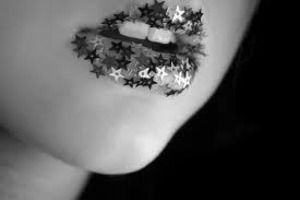 Light Pink Lips with black and white background and pink and blue confetti stars!:)