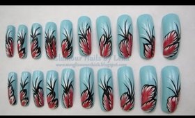 GNbL- Pastel Blue Nails with Feathery Flower Nail Art