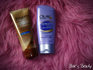 My first two picks are the Jergen's Natural Glow gradual tanning lotion, and the Olay Quench Plus firming body lotion. When I want a bit of extra colour I mix these two lotions together; the Jergen's tanning lotion does have the common tanning lotion smell (not overwhelming), and by mixing it with the Olay firming lotion, it combats the smell and prevents streaking. The Olay lotion also has the added firming properties, which are noticeable after a couple weeks.