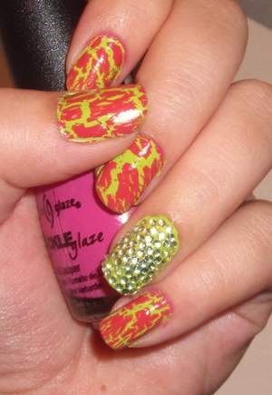 Bright green with pink crackle on top!  One of my favorite color combinations!