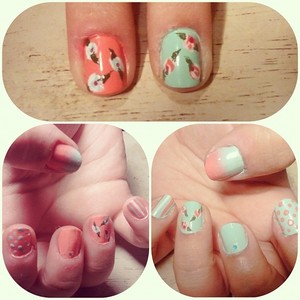 Coral and mint summer nails with gradient (ombré), polkadots, stripes, glitter and flowers. With the help of my sis Leysha J.