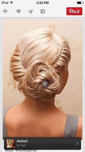 I am in love with this hair style I just found this on Pinterest.its a lace fishtail( only take pieces from one side) then tie them together and finish the fishtail.pancake it (Loosen the sides)  and twist it into a bun 