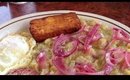 MANGU CON LOS 3 GOLPES: Mashed plantains, fried cheese, onions, & fried eggs: Dominican Breakfast