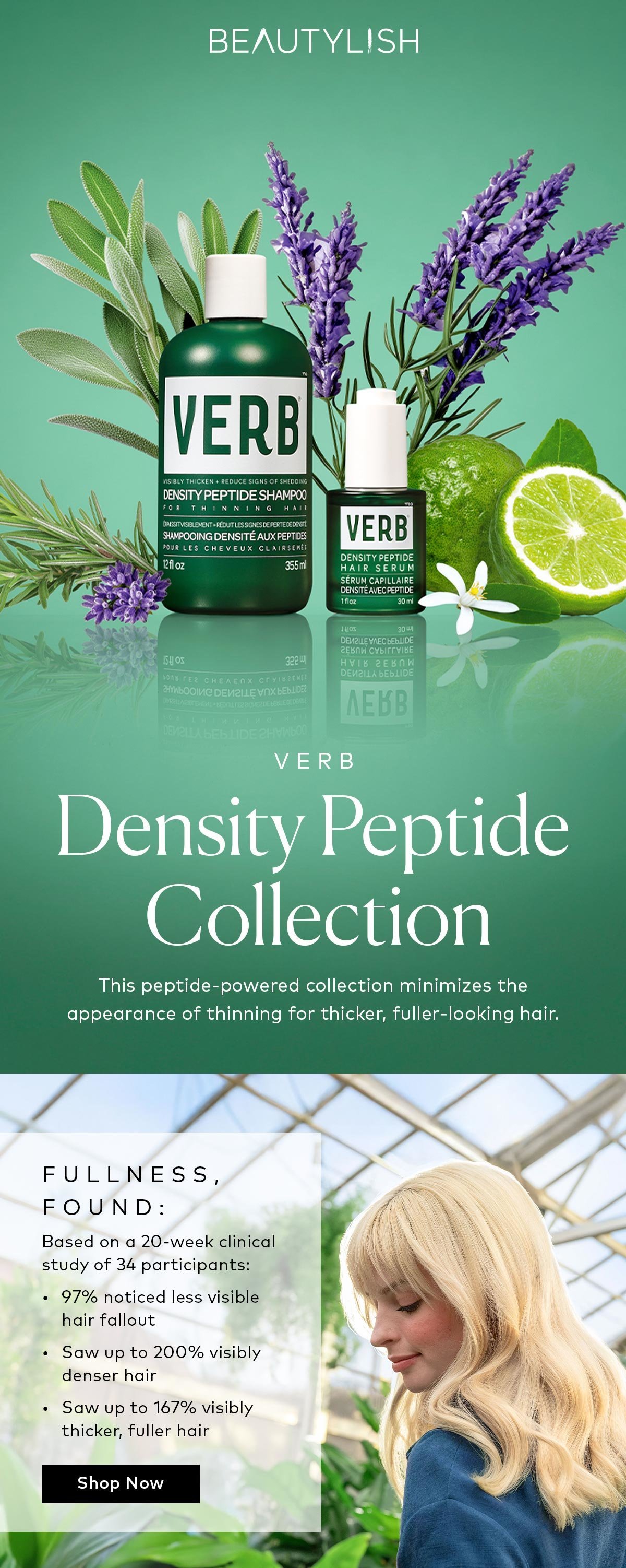 This peptide-powered collection minimizes the appearance of thinning for thicker, fuller-looking hair. Shop the Verb Density Peptide Collection at Beautylish.com