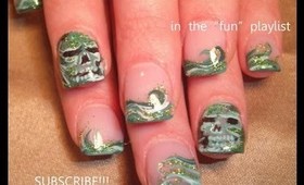 teal green french tips with badass skulls: robin moses nail art design tutorial 564