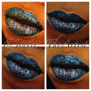 Blue, turquoise and purple glitter splashed on black lip base