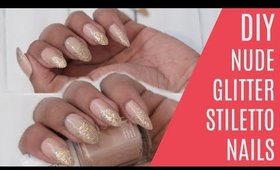 DIY Stiletto nude gold glitter nails NO acrylic UNDER £10