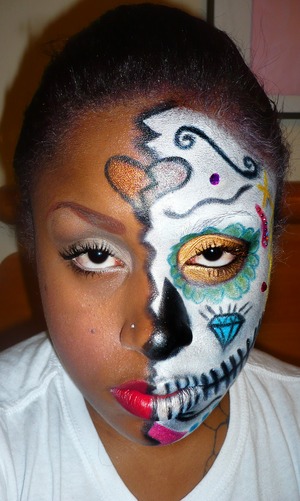sugar skull attempt. 

other products not listed:
[+] white face makeup - cheapy halloween cream palette from walmart 
[+] jewels - nail stones 