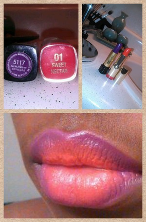 I used Black Radiance deep purple lipstick 5117, and the orange is by Milani, 01 Sweet Nectar...