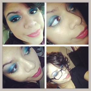 This is a blue eyeshadow look with a pink lipstick 
