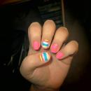 Pink, Blue, Yellow, and White Horizontal Stripes Nails