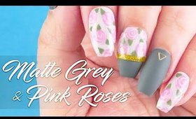 Matte Grey and Pink Roses nail art