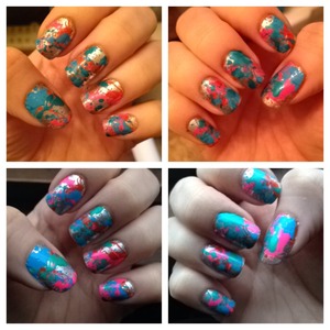 Splatter nails I created using straws. Dip the straw into the bottle and blow polish on to nail. :) I used silver as a base color and then splattered pink, orange, blue, and green. #nails #straw #splatter #colorful