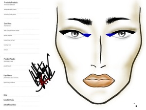 Facechart featuring look using blue paper cut outs. Cosmetic Prosthetics.