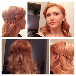 Curled and teased hair then braided strands on both sides and crossed. 