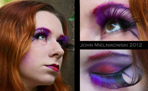 Date: 8/ 30/ 2012
Model: Samantha Francis
MUA: John Mielnikowski

This look I had done for a competition (we had to create a look that could only have red and purple as colors and have accents of black & white). So I started out with the brow's, I decided to make them a red to purple ombre. I put the purple in first with an old violet eyeliner I got at hot topic ages ago. I then put in a red rimmel lip liner and blended it into the purple.I put some tape on the eye so I could get a strait edge & then I set both of those with colors from my bh cosmetic's 88 matte pallet ( I set the purple with the ultra violet color and the red with the red shade). I then applied my gel eyeshadow in too cool from the crease to the brow bone. After that I used a lilac shade from my purple haze (Avon) eyeshadow quad, and powered over the too cool, I then used pomegranate punk on the lid and powered over that with the matte red in the bh cosmetics 120 3rd edition pallet. I then put a purple shade from the same pallet into the crease and blended the red and purple together. Following that I applied the lashes and then put on black liquid eyeliner as to hide the lash band. I then created a cat eye that was perpendicular to the tape. After that dried I took off the tape & created an opposing wing that went down. I filled in the area between both wings with a pale purple. For the lips I used a red lip liner and filled in the center and used the same violet I used on the brows and filled in the corners. I then used a matte red on the center and used a dark purple lightly on the corners and blended together with a lip brush