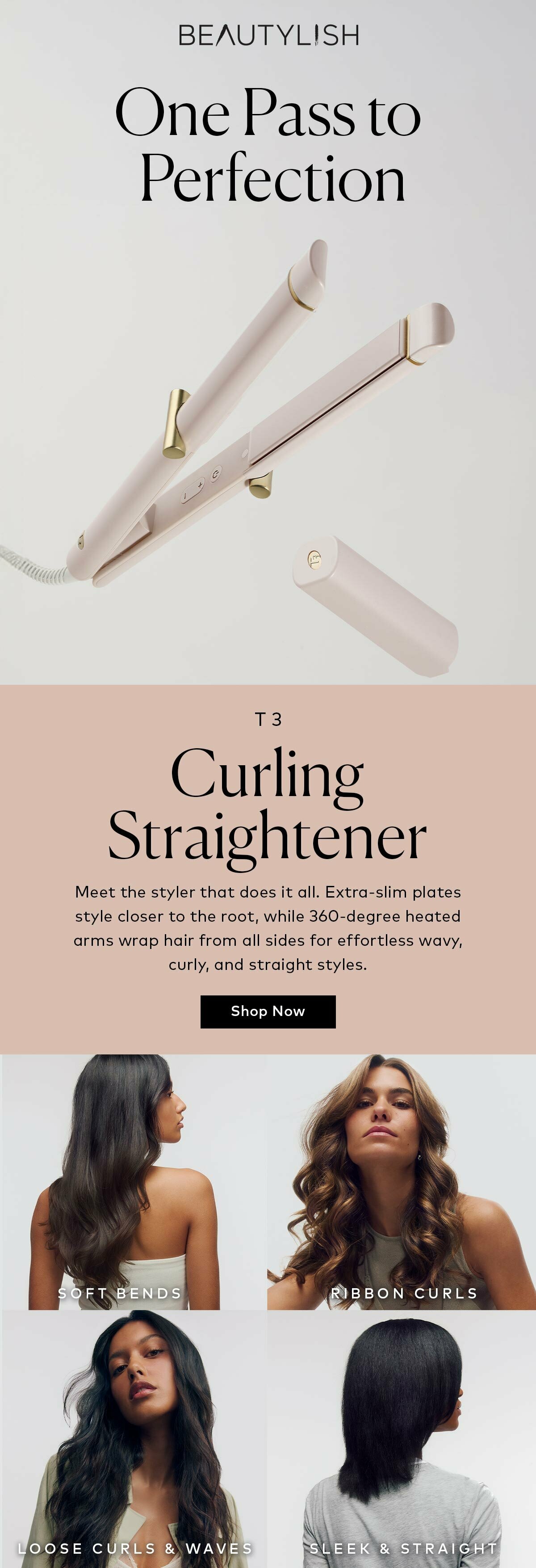 The styler that does it all. Extra-slim plates style closer to the root, while 360-degree heated arms wrap hair from all sides for effortless wavy, curly, and straight styles. Shop the T3 Curling Straightener at Beautylish.com