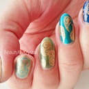 Antique Gold on Blue-to-Gold Ombre Nails
